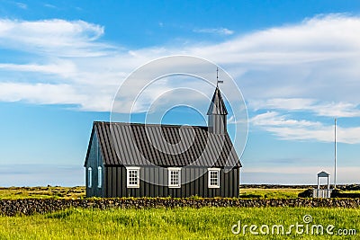 Budakirkja black painted lutheran church erected in 1847 with bl Editorial Stock Photo