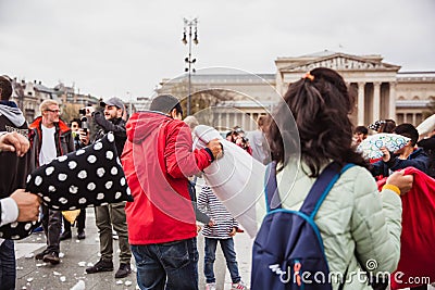 BUDAPEST APRIL 07, 2018: Group of people participate in pillow fight on International Pillow Fight Day on April 5 on the Editorial Stock Photo