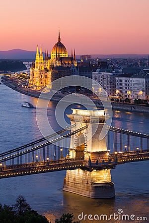 Budapest cityscape sunset with Chain Bridge and Parliament Building Stock Photo