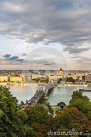 Budapest Danube evening view of Danube and Chain Bridge with cloud, wide angle Stock Photo