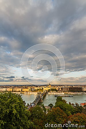Budapest Danube evening view of Danube and Chain Bridge with cloud, wide angle Stock Photo