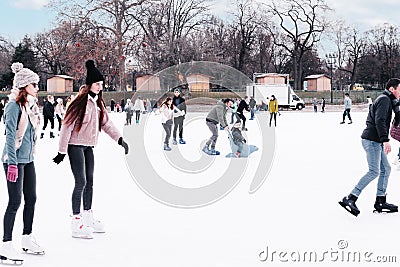 04.01.2022.Budapest.Hobbies and Leisure.Winter sports.Family winter sport.Holiday and seasonal concept.Activity,Adult,Child, Editorial Stock Photo