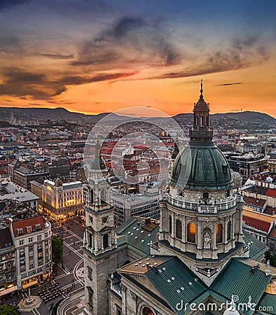 Budapest, Hungary - Aerial drone view of the beautiful St.Stephen`s Basilica Szent Istvan Bazilika with a golden sunset Stock Photo