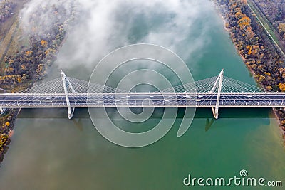 Budapest, Hungary - Aerial drone view of Megyeri Bridge, the biggest bridge of Budapest on a cloudy autumn morning Stock Photo