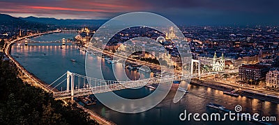 Budapest, Hungary - Aerial panoramic skyline of Budapest at sunset. This view includes Elisabeth Bridge Erzsebet Hid Stock Photo