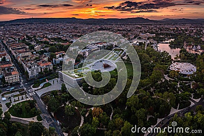 Budapest, Hungary - Aerial panoramic skyline of Budapest at dusk with colorful sunset with Museum of Ethnography Stock Photo
