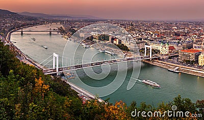 Budapest, Hungary - Aerial panoramic skyline of Budapest at sunset with Elisabeth Bridge Erzsebet Hid Editorial Stock Photo