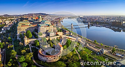 Budapest, Hungary - Aerial panoramic skyline view of Buda Castle Royal Palace with Szechenyi Chain Bridge Stock Photo