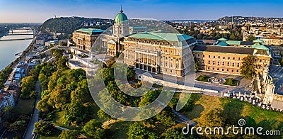 Budapest, Hungary - Aerial panoramic view of the beautiful Buda Castle Royal Palace at sunrise Stock Photo