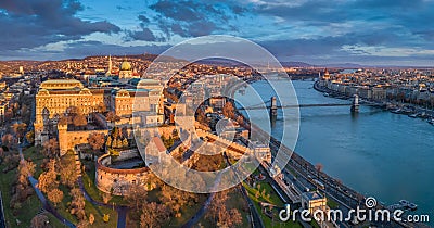 Budapest, Hungary - Aerial panoramic view of Buda Castle Royal Palace with Szechenyi Chain Bridge, Parliament Stock Photo