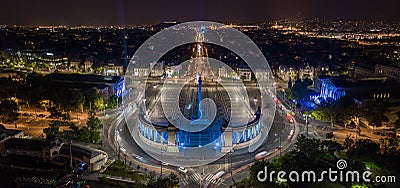 Budapest, Hungary - Aerial panoramic view of Heroes` Square by night lit with unique blue lights Stock Photo