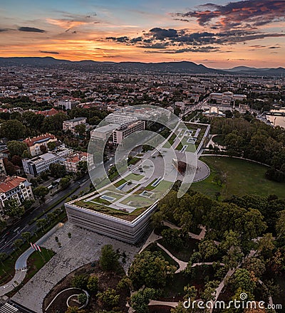Budapest, Hungary - Aerial panoramic view of the Museum of Ethnography at City Park with Heroes` Square and skyline of Budapest Editorial Stock Photo