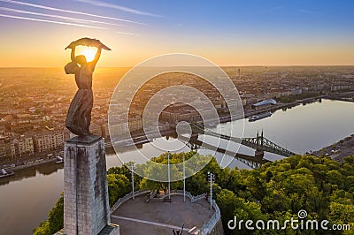Budapest, Hungary - Aerial view of the beautiful Hungarian Statue of Liberty with Liberty Bridge and skyline of Budapest Stock Photo