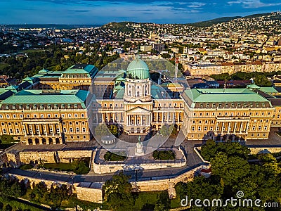 Budapest, Hungary - Aerial view of the famous Buda Castle Royal palace at sunrise with Buda side Stock Photo