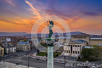 Budapest, Hungary - Aerial view of Heroes` Square with museum of fine arts and a beautiful golden sunset Editorial Stock Photo