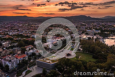 Budapest, Hungary - Aerial view of the Museum of Ethnography at City Park with Heroes' Square and skyline of Budapest Stock Photo