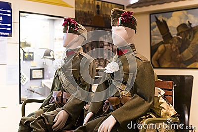 Museum of the history of the military of the Hungarian army with historical exhibits and compositions on the theme of war. Editorial Stock Photo