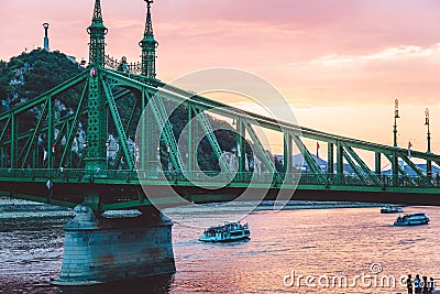 BUDAPEST, HUNGARY, August, The National Monument is the green Liberty Bridge in Budapest Editorial Stock Photo