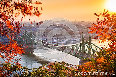 Budapest, Hungary - Autumn scene of beautiful Liberty Bridge Szabadsag Hid at sunrise Stock Photo