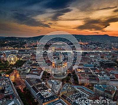 Budapest, Hungary - Beautiful aerial skyline view of Budapest at sunset with St.Stephen`s Basilica. Buda Castle Royal Palace Stock Photo