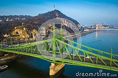 Budapest, Hungary - Beautiful Liberty Bridge Szabadsag Hid on a winter morning with Gellert Hill Editorial Stock Photo