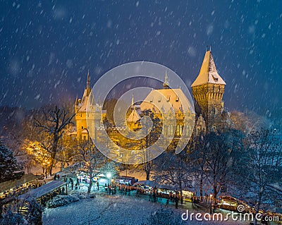 Budapest, Hungary - Christmas market in snowy City Park Varosliget from above at night with snowy trees Stock Photo