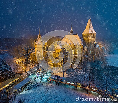Budapest, Hungary - Christmas market in snowy City Park Varosliget from above at night with snowy trees Stock Photo