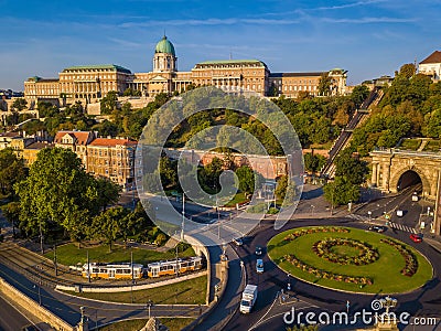 Budapest, Hungary - Clark Adam square roundabout from above at sunrise with Buda Castle Royal Palace Stock Photo