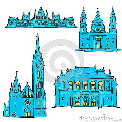 Budapest Hungary Colored Landmarks Vector Illustration