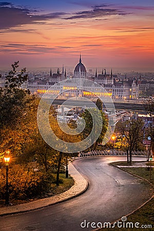 Budapest, Hungary - Curved road at Buda district with Parliament Stock Photo