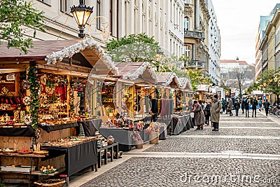 Budapest, Hungary - December 2017: Christmas market in front of Editorial Stock Photo