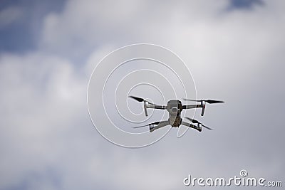 Budapest - Hungary - 03/07/2020. DJI Mavic 2 pro drone, camera captures aerial landscapes on a background of blue sky with white Editorial Stock Photo