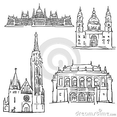 Budapest Hungary Famous Buildings Vector Illustration