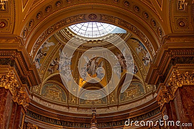 Budapest, Hungary - Feb 8, 2020: Cupola dome interior inside St. Stephen`s Basilica Editorial Stock Photo