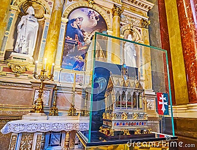 Reliquary of the Holy Right Szent Jobb, St Stephen`s Cathedral, on Feb 27 in Budapest, Hungary Editorial Stock Photo