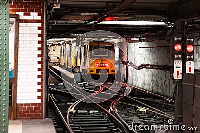 Selective blur on a metro train of Budapest Metro ready for departure, belonging to Line M1, the oldest of Budapest Metro Editorial Stock Photo