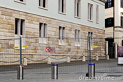 galvanized steel construction barricade, barrier and fence near the prime ministers office in Budapest Editorial Stock Photo
