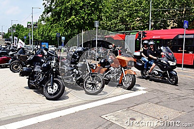 Budapest. Harley Davidson motorcycle convention. riders and large black bikes. June 2023 Editorial Stock Photo