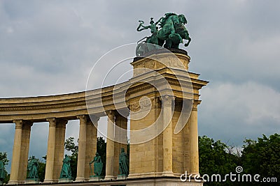 Budapest, Hungary. Heroes` Square, Hosok Tere or Millennium Monument, major attraction of city, with 36 m high Corinthian column Stock Photo