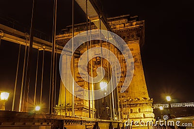 Budapest, Hungary illuminated night view of famous Chain Bridge, Szechenyi Lanchid, iconic 19th-century landmark over the river Stock Photo