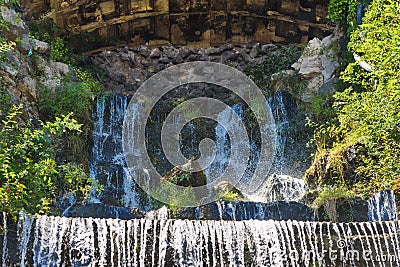 Small waterfall at the bottom of the Budapest Citadel. Waterfall in city park, Budapest. Editorial Stock Photo