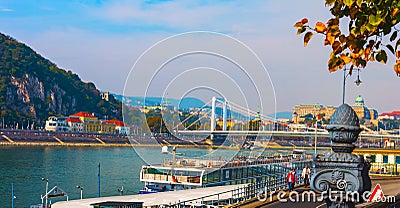 Budapest, Hungary ,mai 15, 2019 Aerial panoramic view of the Budapest , Europa Ship, a part boat on the Danube in a beautiful Editorial Stock Photo