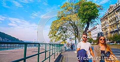 Budapest, Hungary ,mai 15, 2019 , Budapest, Hungary - golden sunrise and clear blue sky 2019 Editorial Stock Photo