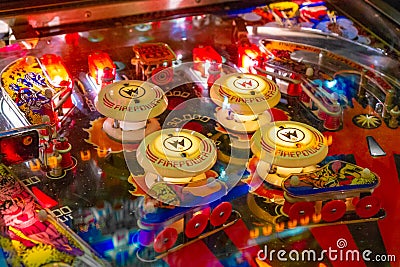 Budapest, Hungary - March 25, 2018: Pinball museum. Pinball table close up view of vintage machine Editorial Stock Photo