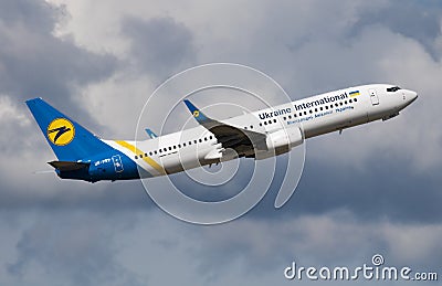 Ukraine International Airlines Boeing 737-800 UR-PSX passenger plane departure and take off at Budapest Airport Editorial Stock Photo