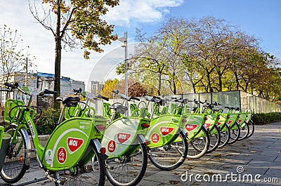 Budapest, Hungary - Nov 6, 2019: Public green bicycles to rent in the center of the Hungarian city. Bike-sharing. Ecological means Editorial Stock Photo