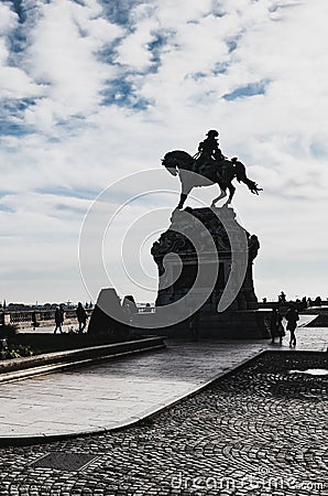 Budapest, Hungary - Nov 6, 2019: Silhouette of the equestrian statue of Savoyai Eugen in the courtyard of the Buda Castle. Against Editorial Stock Photo