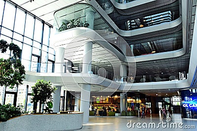 the interior atrium and lobby space of the MOL headquarter tower and campus in Budapest, Hungary Editorial Stock Photo
