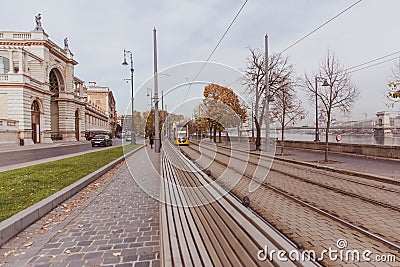 Budapest, Hungary - November, 2018: Tramlines in Budapest near the embankment on the Buda side near the Castle Garden Editorial Stock Photo