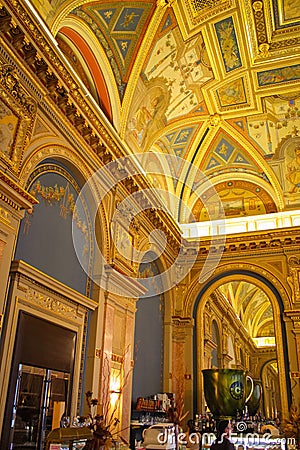 Budapest, Hungary - October 09, 2014: ceilings in a Book Cafe - Lotz Terem on the second floor of the Alexandra bookshop Editorial Stock Photo